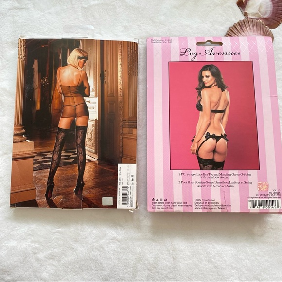 Lingerie Bundle Bra Garter G-String Stockings Set Black Lace Satin Bow NIB - Picture 2 of 4